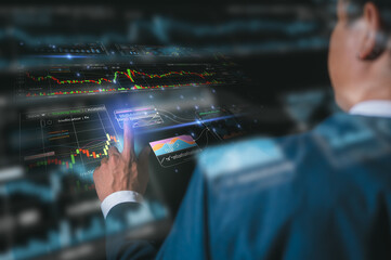 An analyst present or touching dashboard for data business analysis and Data Management System with...