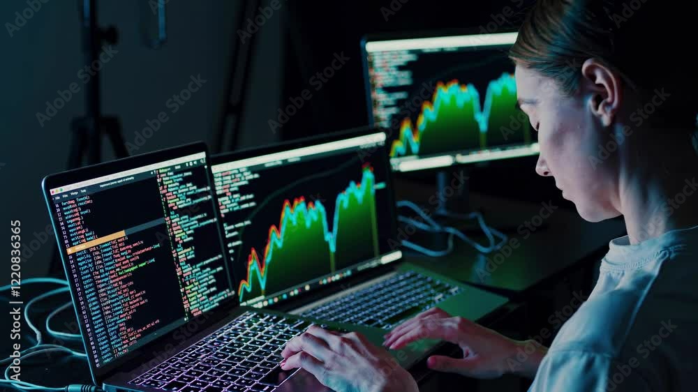 Poster analyzing data trends with dual monitors and coding on laptop in modern workspace