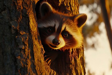 A curious raccoon peeks out from a tree hollow during a golden sunset in a serene forest setting