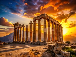 Majestic Mountain Shadow Casting Long Shadows Over Architectural Ruins at Sunset