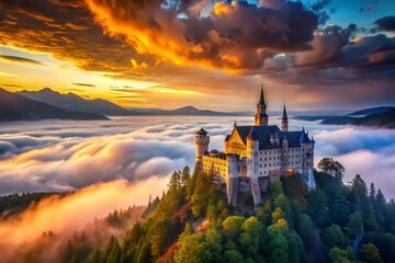 Fototapeta premium Majestic Mountaintop Castle at Sunset - Dreamy Fantasy Landscape