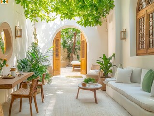 A serene Moroccan courtyard with lush greenery and a coffee setup