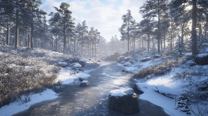 Serene winter landscape featuring a frozen river winding through a snowy forest with soft sunlight
