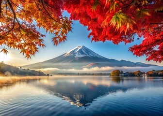 Fototapeta premium Majestic Mount Fuji Autumn Panorama: Kawaguchiko Lake, Red Maple Leaves, Morning Mist