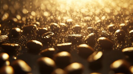 Close-up of glistening coffee beans scattered on a reflective surface with soft golden lighting