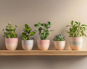 Fototapeta premium Set of ceramic plant pots in neutral tones on a wooden shelf