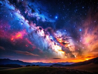 Naklejka premium Majestic Night Sky: Starry Galaxy Panorama with Nebulae