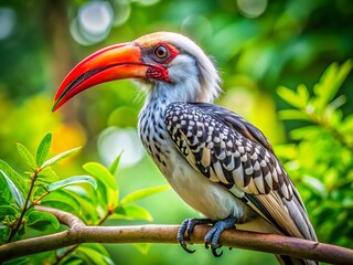 Fototapeta premium Majestic Northern Red-billed Hornbill Perched on Branch, Copy Space