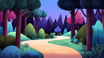 Serene Pathway Through a Colorful Forest Under a Starry Sky
