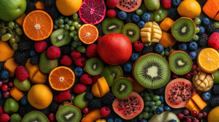 A vibrant assortment of fresh fruits including oranges, kiwis, berries, and more, beautifully arranged on a dark surface.