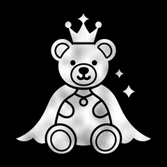 Obraz premium 王様のマントと王冠を身につけたテディベアのシルバーのシルエットイラスト 黒背景の切り抜き