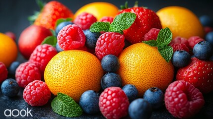 Obraz premium Basket of Mixed Fresh Fruits on a Dark Background