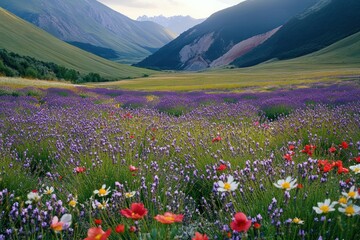 Fototapeta premium A vibrant valley filled with blooming lavender fields and scattered wildflowers