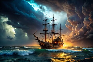 Fototapeta premium Majestic Pirate Ship Storm Minimalist Photography - Epic Ocean Battle
