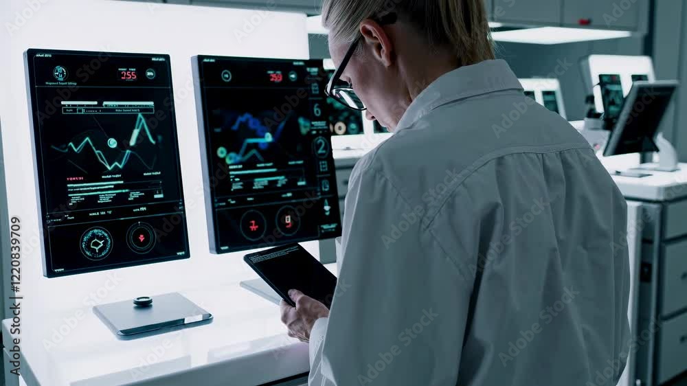 Poster scientist analyzes data in high-tech laboratory while using handheld device for research insights