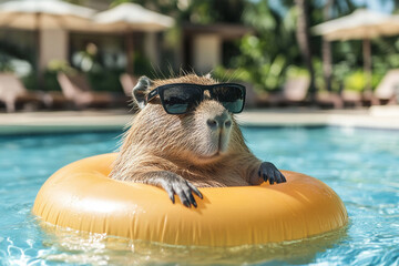 Relax Total: Capibara en la Piscina con Gafas de Sol y un Flotador Naranja