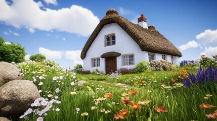 Charming Thatched Cottage Surrounded by Vibrant Garden Blooms