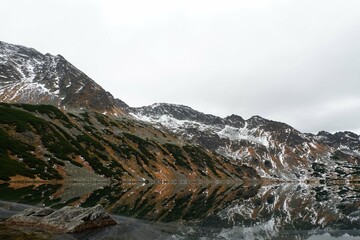 A lake is surrounded by snowcovered mountains on a cloudy day
