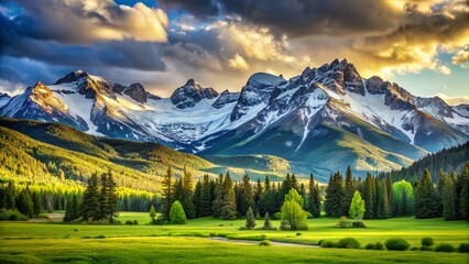 Majestic Rocky Mountains: Snowy Peaks & Verdant Valley - Low Light Stock Photo