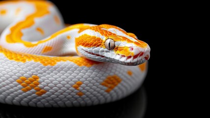 Obraz premium Albino Snake on Black Background: A close-up of an albino Burmese python coiled elegantly on a glossy black surface. Reptile. Wildlife. Snakes.