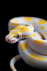 Obraz premium Albino Snake on Black Background: A close-up of an albino Burmese python coiled elegantly on a glossy black surface. Reptile. Wildlife. Snakes.