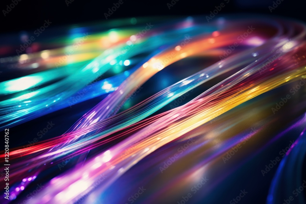 Wall mural Fiber optic cables transmit data with vibrant colors in a dark environment