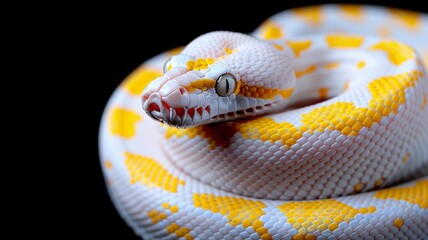 Fototapeta premium Albino Snake on Black Background: A close-up of an albino Burmese python coiled elegantly on a glossy black surface. Reptile. Wildlife. Snakes.
