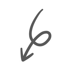 Down arrow with loop line icon. Outline hand drawn vintage element of fall motion, scribble twist indicator with curly shape. Movement, pointer mascot, simple arrow doodle icon vector illustration