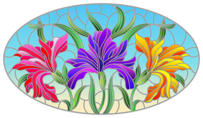 Illustration in stained glass style with  bouquet of irises, flowers, buds and leaves on blue background, oval image
