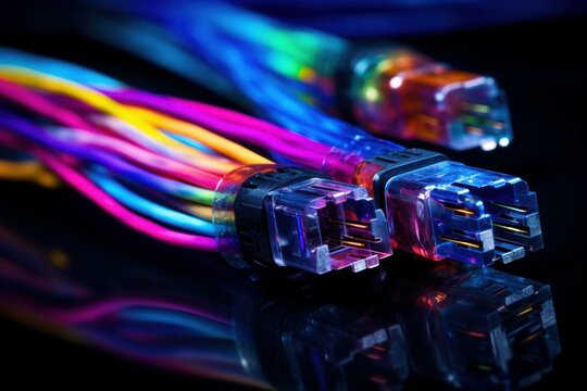 Colorful network cables reflecting on a dark surface represent modern technology and connectivity - Powered by Adobe