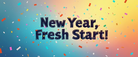 A vibrant and festive graphic showcases the phrase New Year, Fresh Start surrounded by a burst of colorful confetti against a gradient background. This lively design captures the excitement and