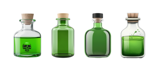 Assorted green potion bottles with unique designs