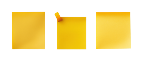 Set of three blank yellow sticky notes for notes and reminders