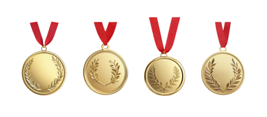 Collection of gold medals with red ribbons