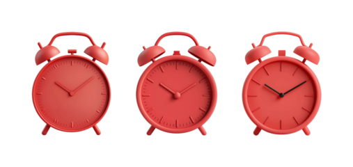 Trio of modern red alarm clocks on a black background