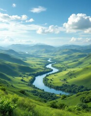 Naklejka premium Serene river flowing through verdant green valley under clear blue sky