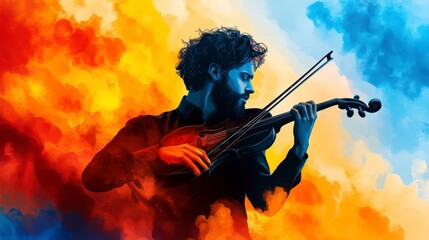 Colorful Abstract Portrait of a Violinist in Dramatic Atmosphere