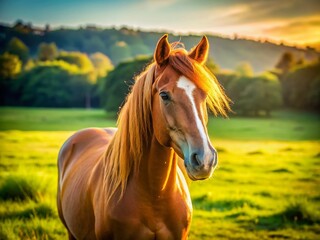 Obraz premium Majestic Stallion Grazing in Summer Pasture - Documentary Horse Photography