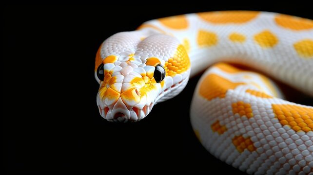Albino Snake on Black Background: A close-up of an albino Burmese python coiled elegantly on a glossy black surface. Reptile. Wildlife. Snakes.