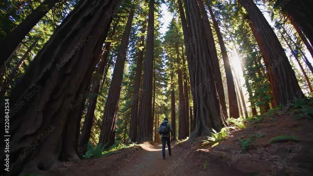 Poster exploring the serenity of a towering forest during a peaceful hike in nature's sanctuary