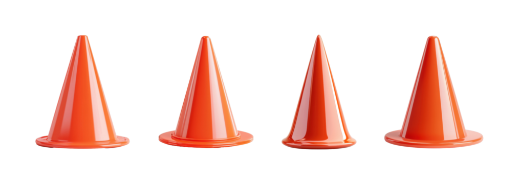 Set of vibrant orange traffic cones in various sizes