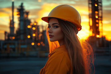 Portrait of a beautiful woman engineer in a hard hat