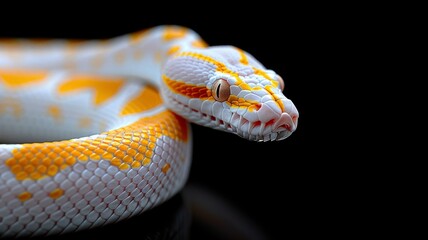 Fototapeta premium Albino Snake on Black Background: A close-up of an albino Burmese python coiled elegantly on a glossy black surface. Reptile. Wildlife. Snakes.