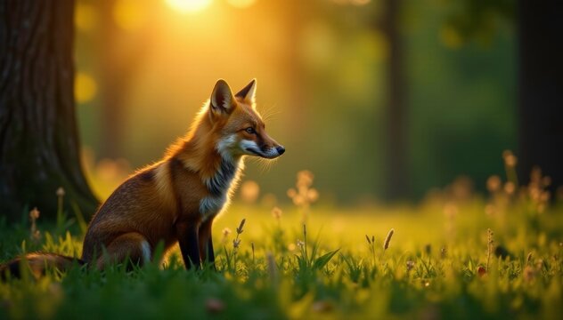 Fuchs in einem gr?nen Wald, bei Sonnenuntergang, abend, wilde natur