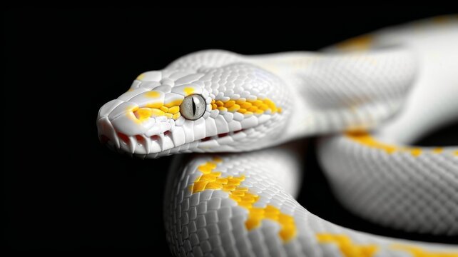 Albino Snake on Black Background: A close-up of an albino Burmese python coiled elegantly on a glossy black surface. Reptile. Wildlife. Snakes.