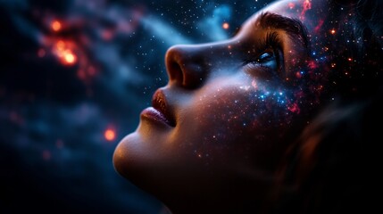 Obraz premium Cosmic Dream: A Woman's Face Adorned with Celestial Wonders