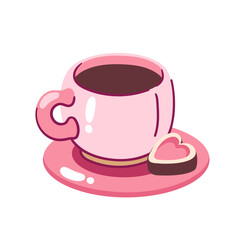 Coffee in cartoon pink cup with heart cake on plate. Funny hot coffee, cappuccino or chocolate in mug for morning. Valentines day dessert mascot, cartoon cute breakfast with love vector illustration