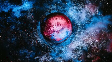 Planet surrounded by colorful particles in the universe