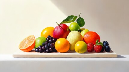 Fresh and Colorful Assortment of Fruits on Wooden Platter