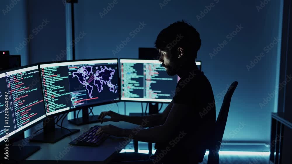 Poster data analysis and coding session in a dark office environment showcasing programming skills and glob